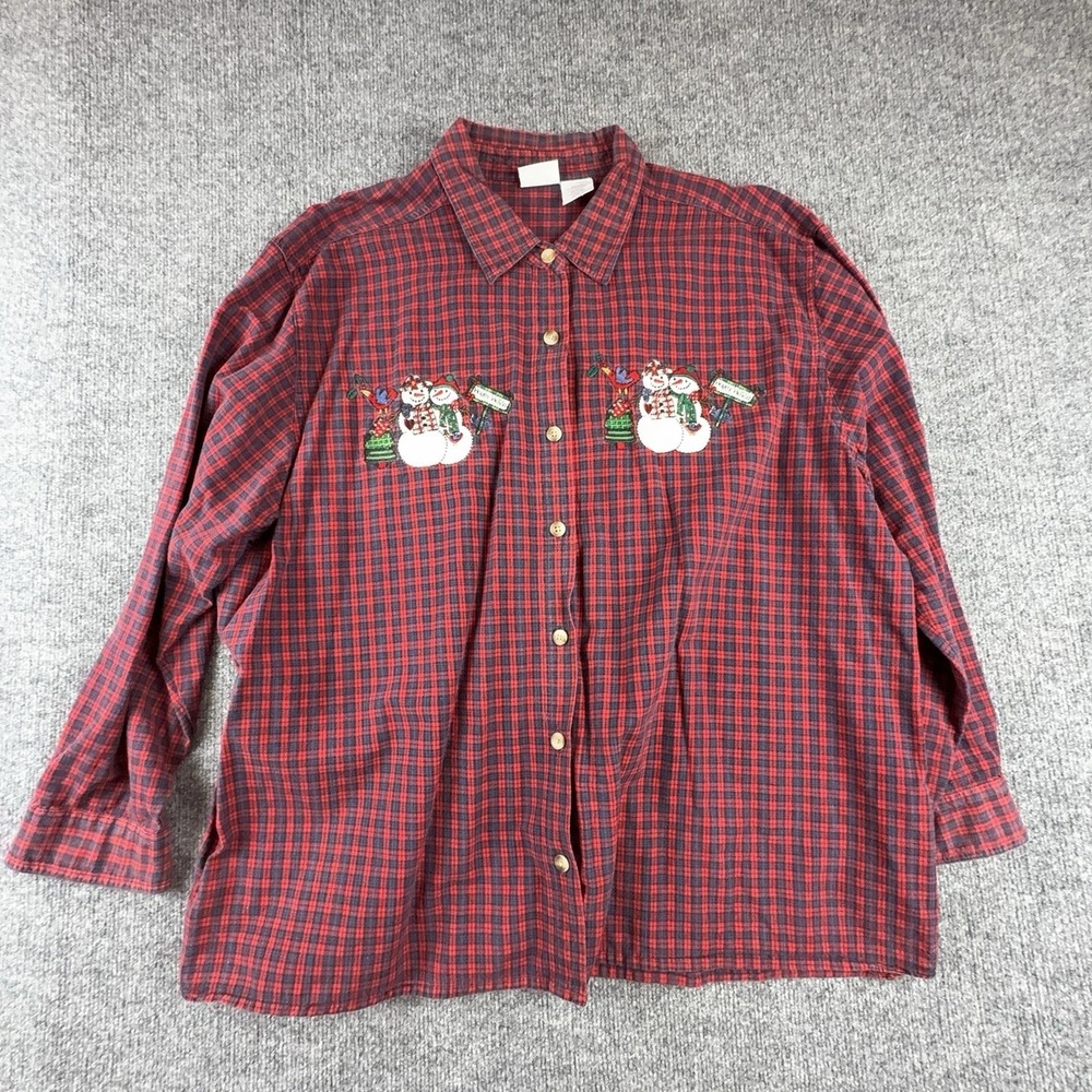 Bobbie Brooks Shirt Womens 22W Plaid Christmas Snowman Embroidered Flannel Top